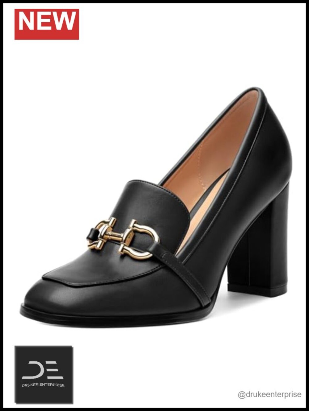 Women's Square Toe Loafer Heels with Gold Buckle - Chunky High Heel Pumps for